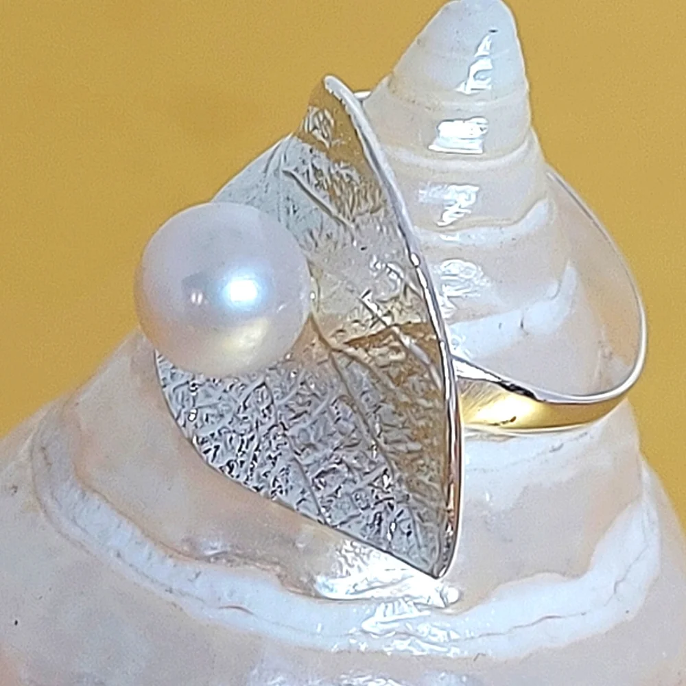 Natural Creamy White Pearl 7mm 925 Sterling Silver Leaf Ring‎ Sz 7 - Picture 3 of 8